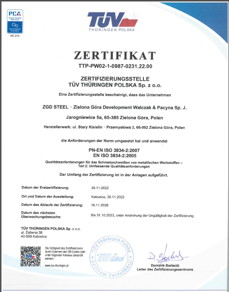 Zertyfikat PN-EN ISO 3834-2 DE